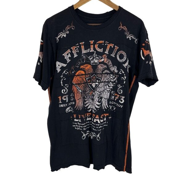 Affliction Men's Short Sleeve Distressed Black Shirt Size L - Picture 1 of 9